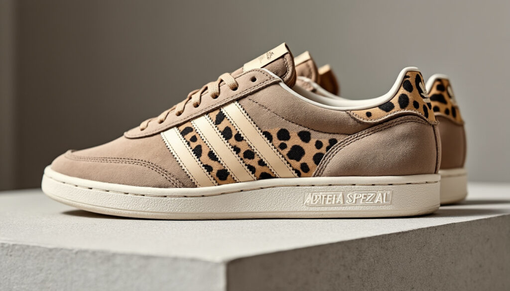 découvrez les adidas handball spezial leopard beige, des sneakers en suède premium alliant style et confort pour un look unique et tendance.